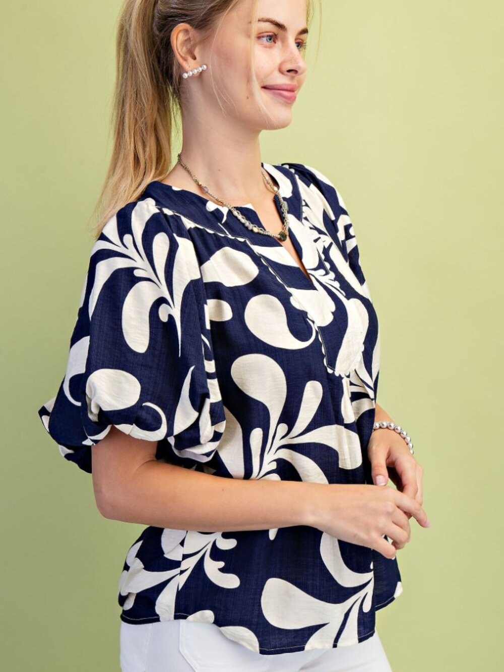 Printed Slit Neck Top with Short Balloon Sleeves and Ric-Rac Trim Details - Picture 7 of 9
